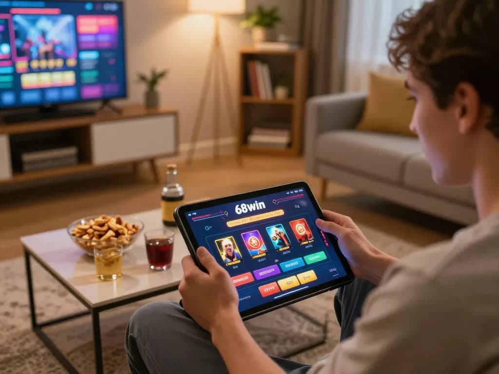 Engaging in online casino gameplay with 68win at home, showcasing excitement and strategy