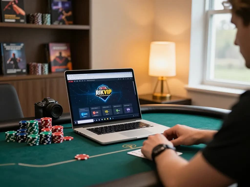 Player engaged in RIKVIP online poker game at home, showcasing chips and gaming strategy notes.