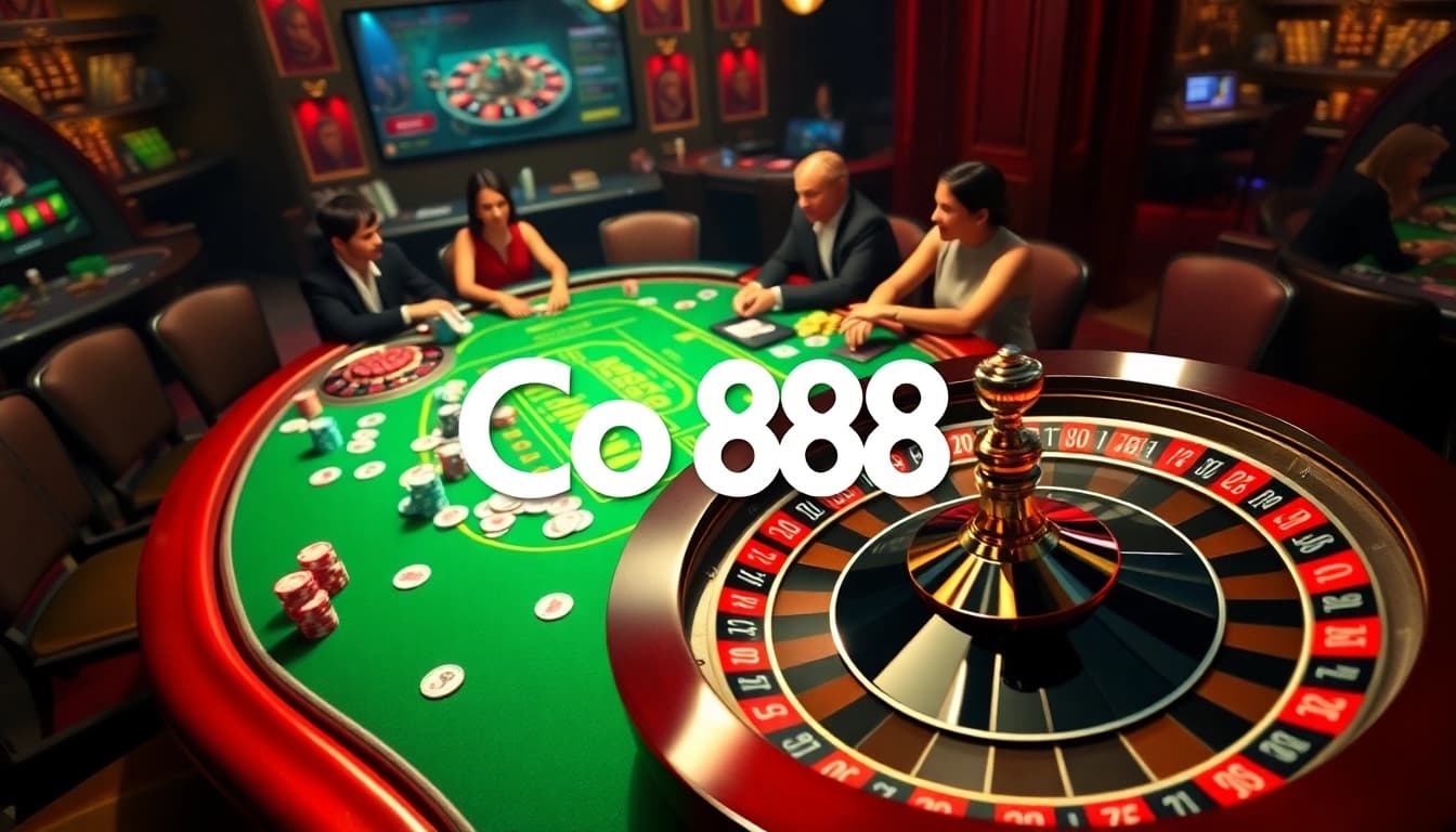 Co88 players strategizing at a vibrant casino table with chips and cards.