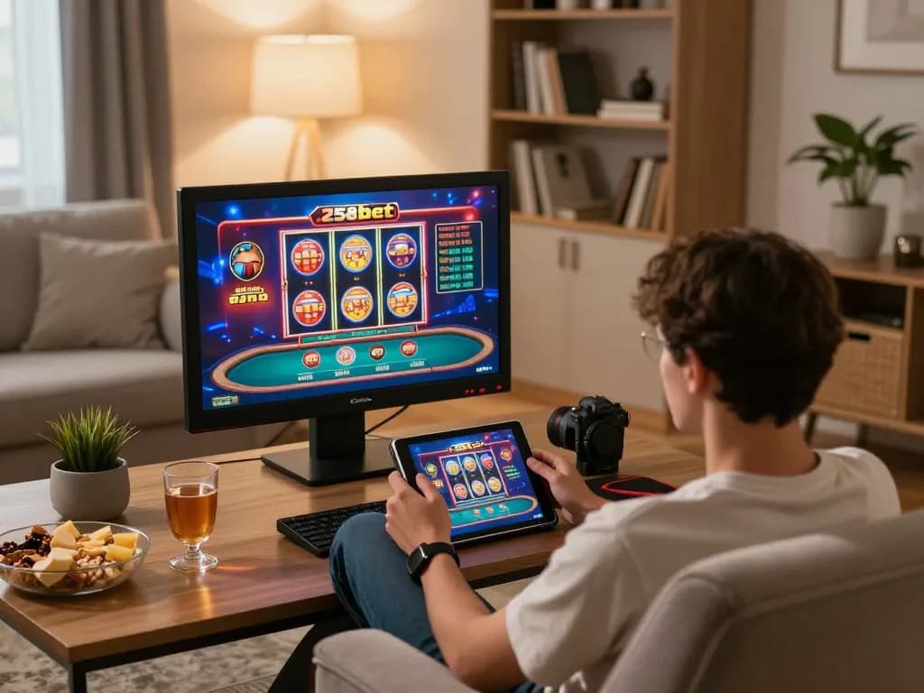 Engaging gameplay on 258bet casino app in a cozy home setting.