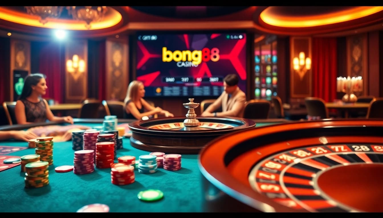 Experience the thrill of https://bong88.casa/ with an exciting casino scene showcasing vibrant poker chips and a roulette wheel.