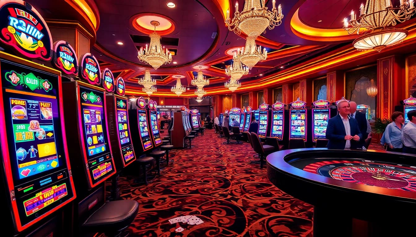Engaging scene of idnslot machines in a bustling casino, showcasing vibrant reels and players enjoying games.