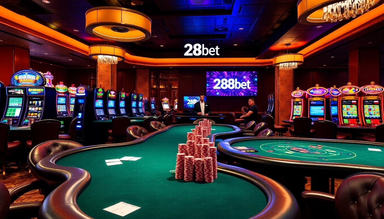 Experience the excitement of gambling at 28bet with vibrant slot machines and poker tables.