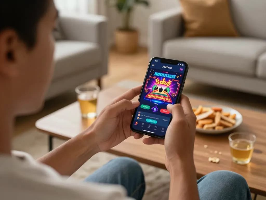 Engaging with the Jeetbuzz Download App on a smartphone in a cozy home setting for dynamic gaming experiences