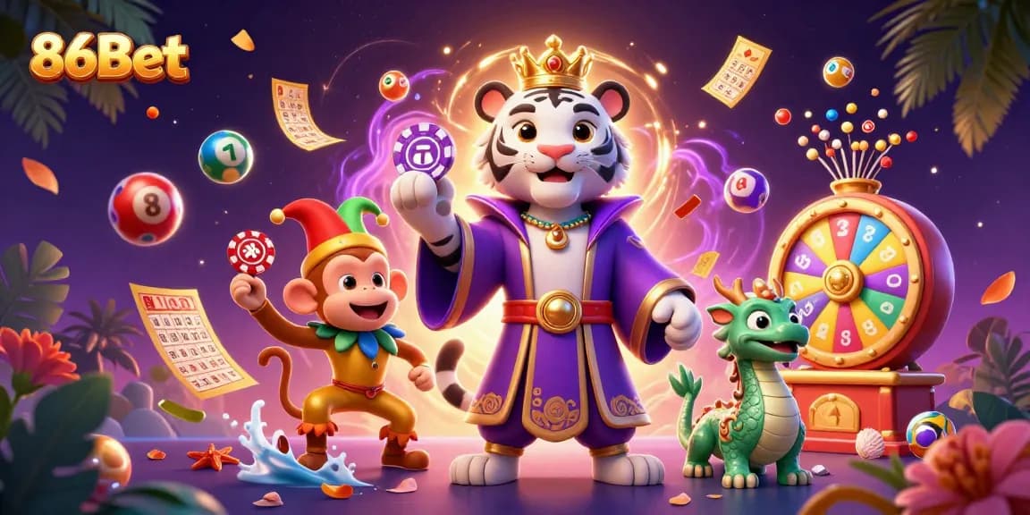Engage with 86Bet's vibrant casino world featuring dynamic game elements and lively characters.