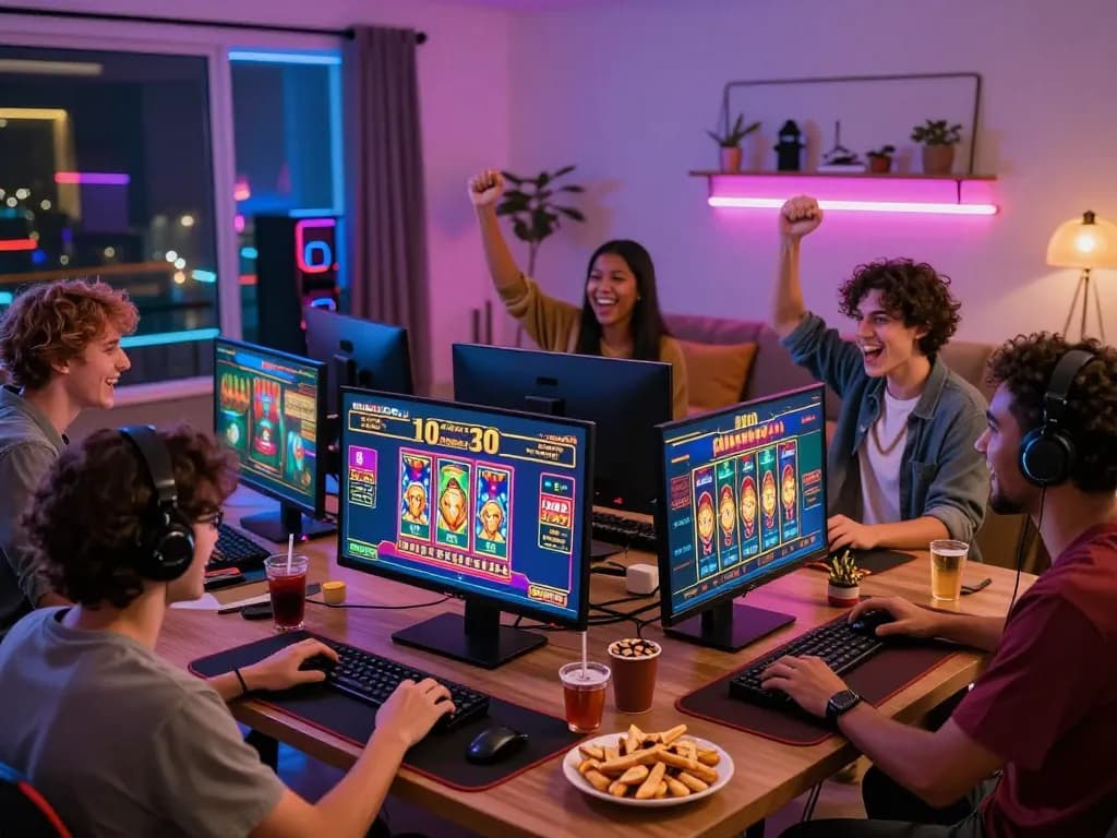 Exciting group gaming session with AF88 com online casino, showcasing friends celebrating a win in a vibrant living room.