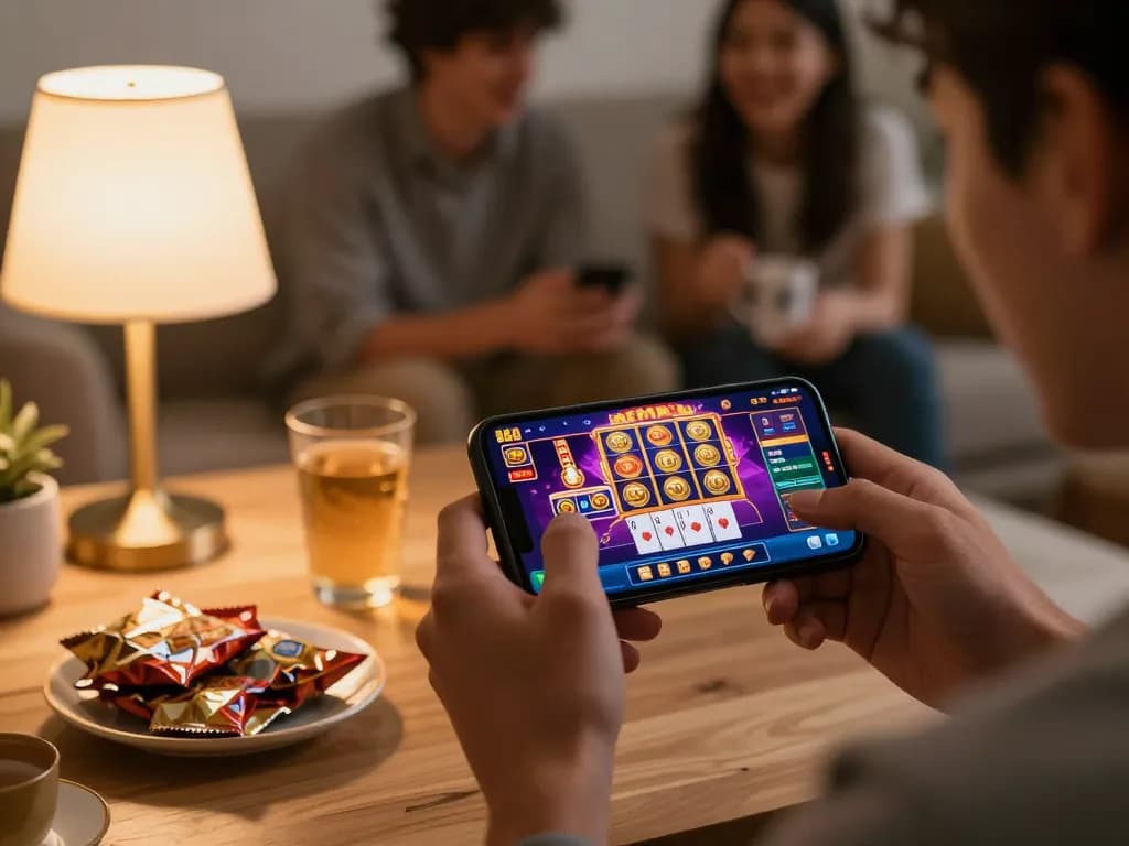 Experience 88aa đăng nhập through an engaging online gambling session at home with a vibrant casino app interface.