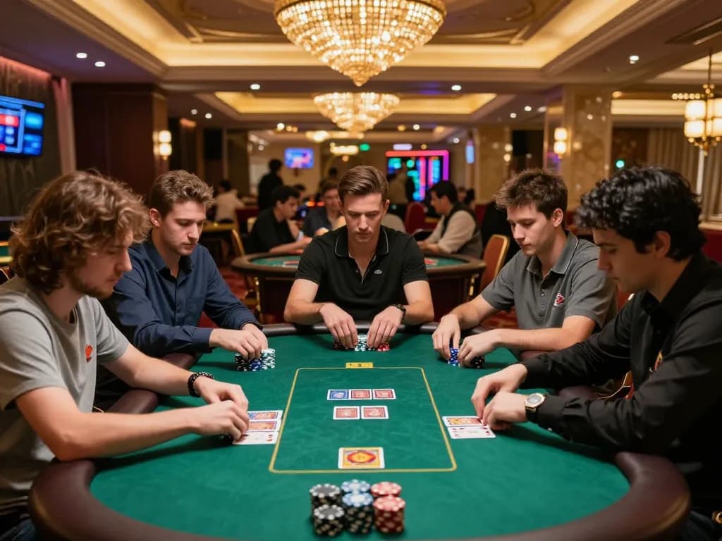 Players strategizing in an intense poker game at SC88 casino, showcasing excitement and tension.