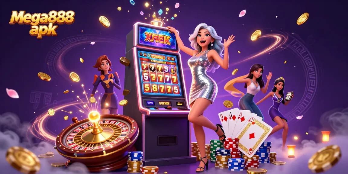 Spin to win with the mega888 apk in a vibrant casino scene featuring a celebratory Asian woman.