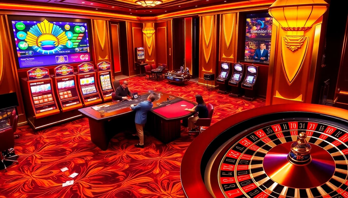 Engage in thrilling games at Cổng Game XIN88 with vibrant visuals of poker tables and slot machines.