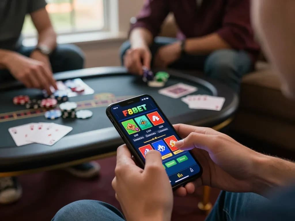 Player engaging with F8BET casino app on mobile device, showcasing an interactive gaming experience in a cozy setting