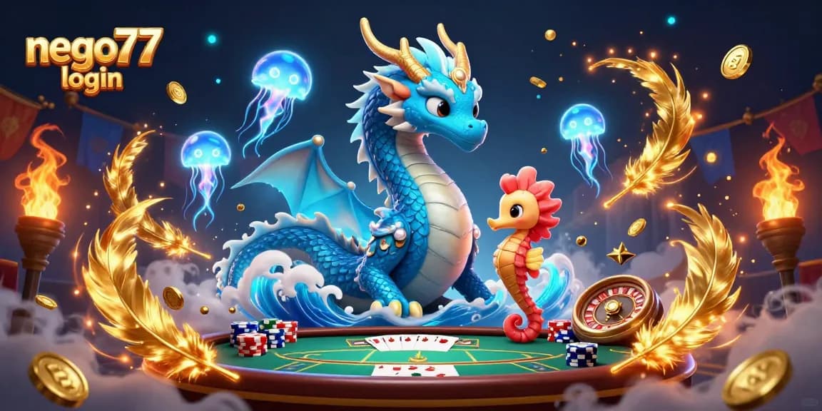 Engage in exciting gaming at nego77 login, featuring a vibrant illustration of a water dragon and poker elements.