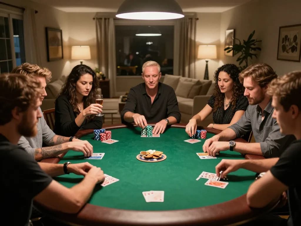 Fun88 players enjoying a home poker game, showcasing social interaction and strategic gameplay.