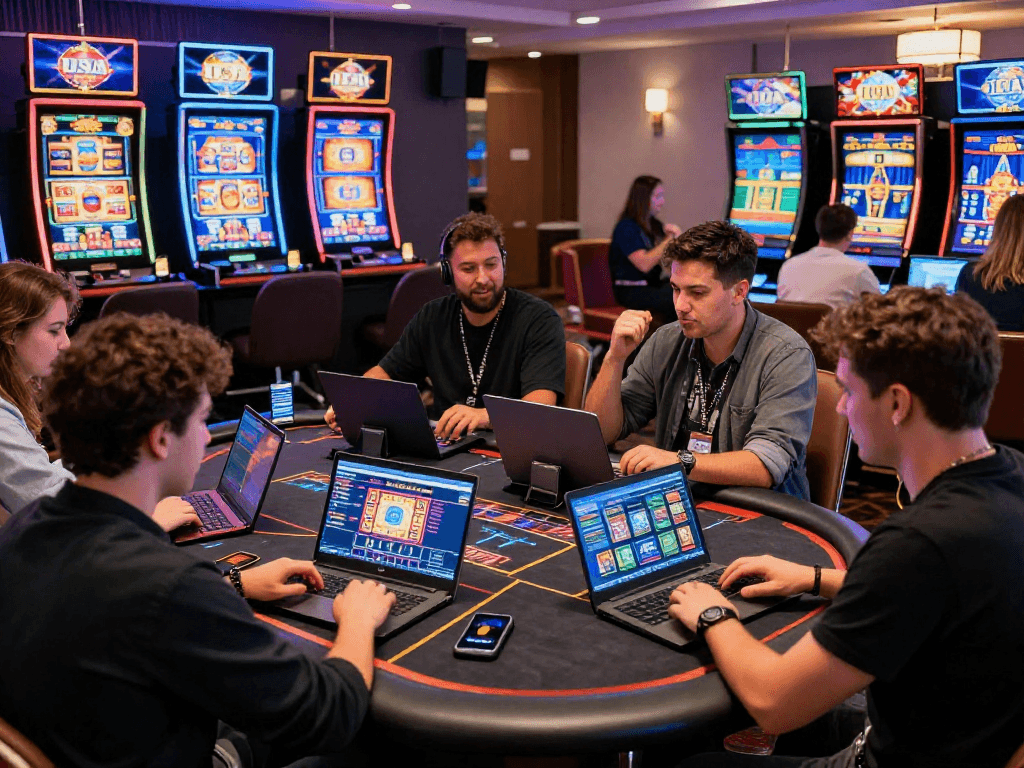 Dynamic gaming scene showcasing USA casinos for UK players, lively atmosphere with friends enjoying online gaming.