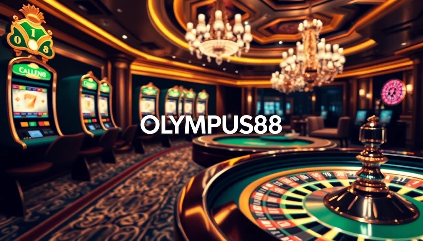 Experience OLYMPUS88's luxury through dynamic slot machines and engaging gaming tables in a virtual casino setting.