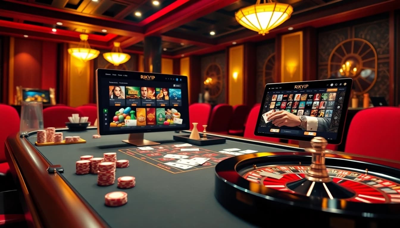 Experience the excitement of Rikvip with live dealer action at a luxurious casino table.