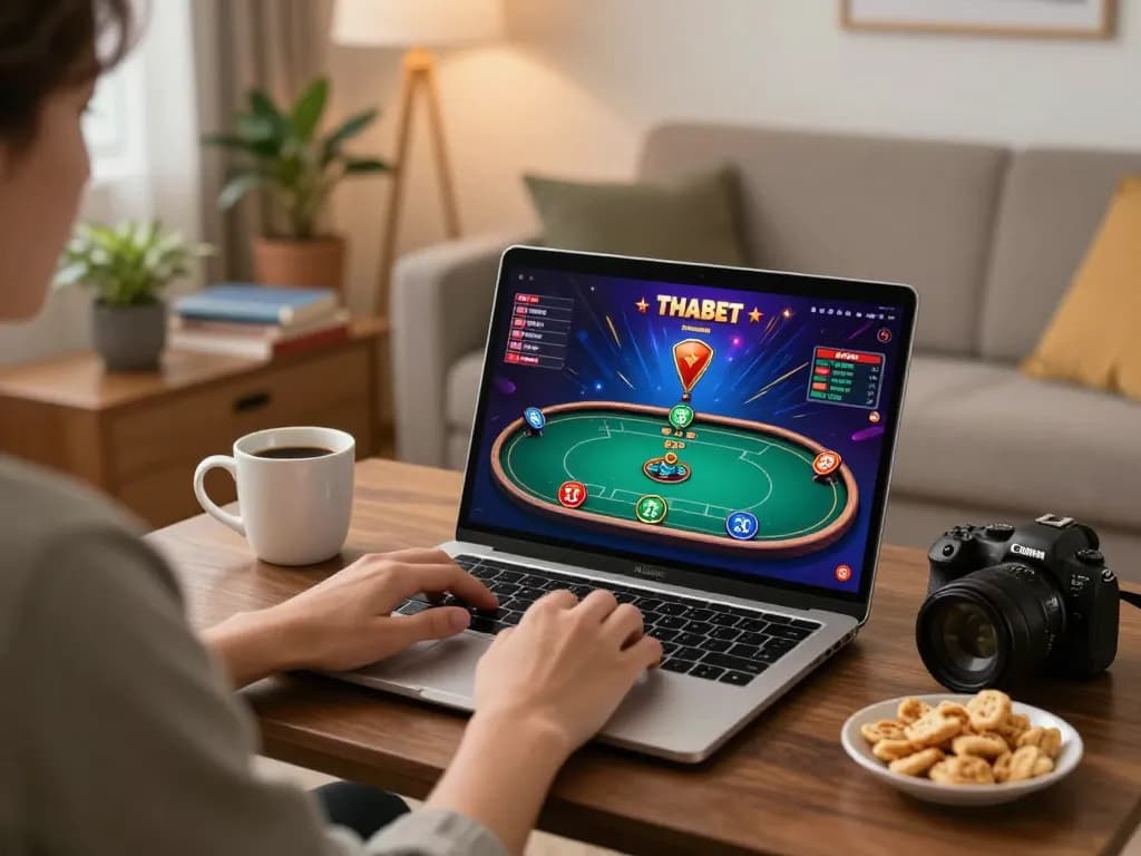 Player engaging in THABET online poker while enjoying a cozy home ambiance