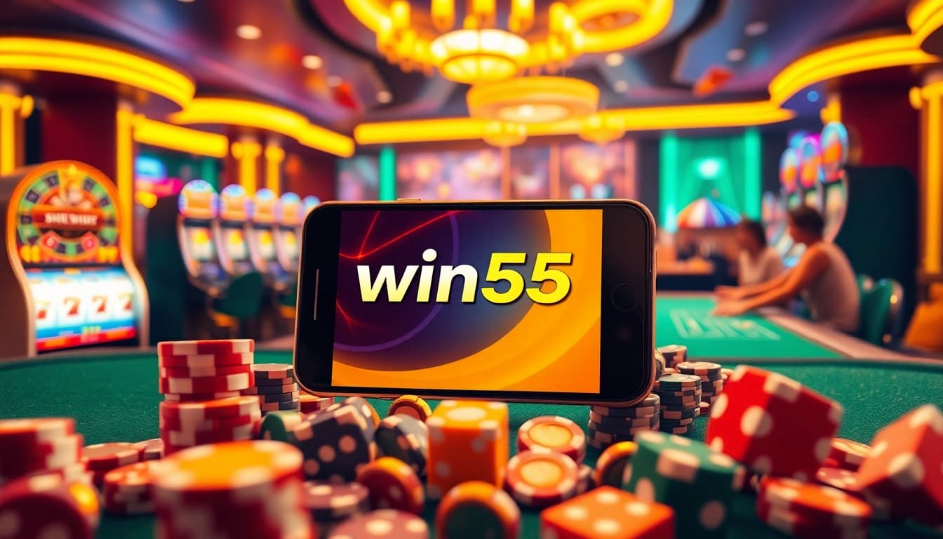 Experience seamless gaming with the win55 app amidst a vibrant casino atmosphere.
