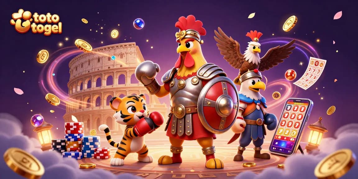 Generate excitement with toto togel featuring a rooster gladiator and tiger cub in a vibrant colosseum.