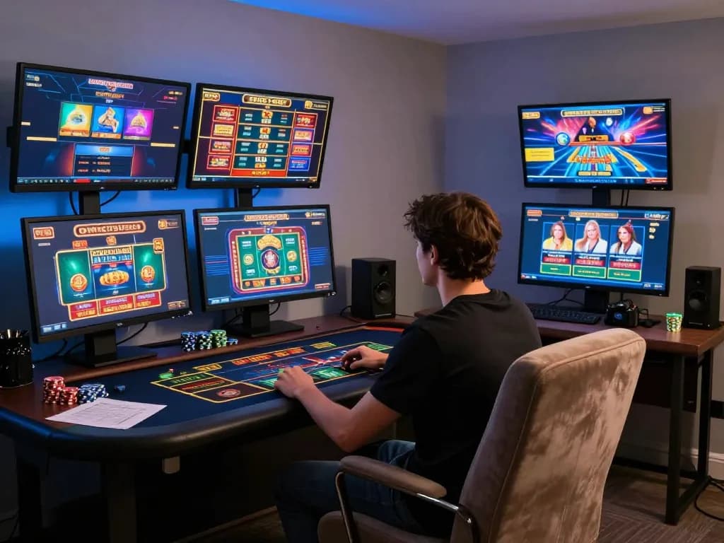 Engaged player strategizing at ytr88 online casino with multiple games displayed on screens.