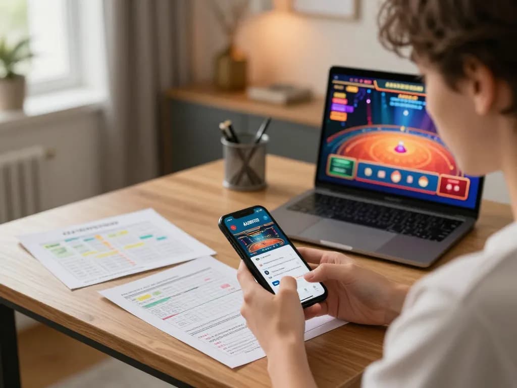 Pengguna AJAIBTOTO berinteraksi dengan smartphone di kasino online, menunjukkan strategi taruhan modern.