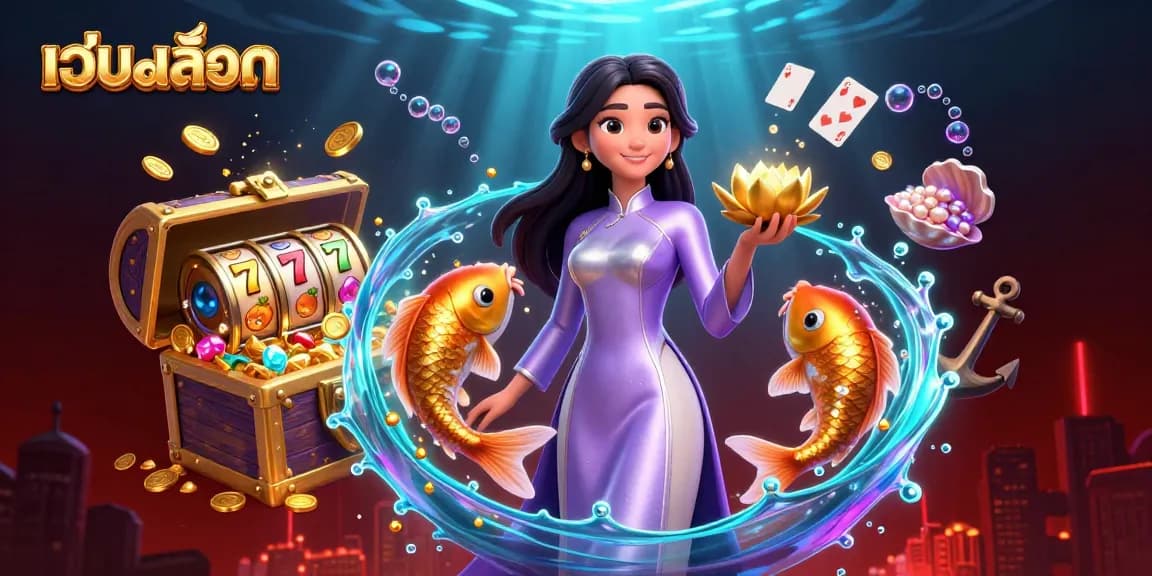 Engage with เว็บสล็อต as you immerse in a vibrant slot game illustration featuring dynamic characters and casino elements.