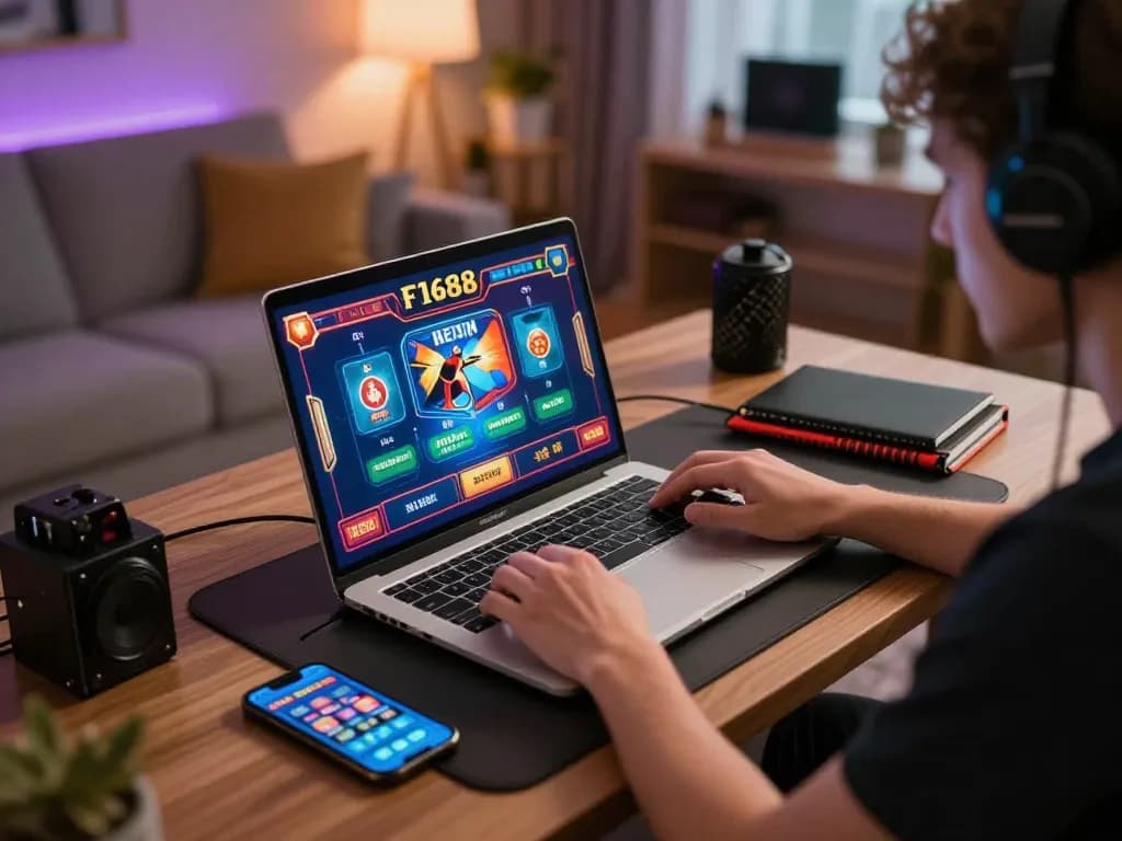 Player enjoying F168 casino games on a laptop in a cozy home setting, highlighting online gambling experience