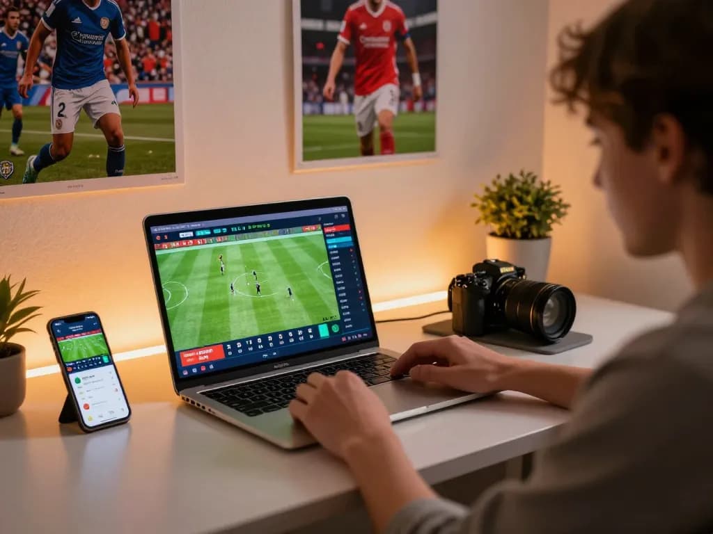 Engaged bettor analyzing kèo nhà cái hôm nay on laptop and smartphone in modern sports betting setup