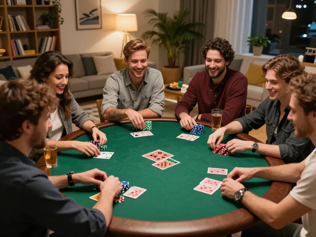 cm88 players enjoying a lively home poker night with chips and cards