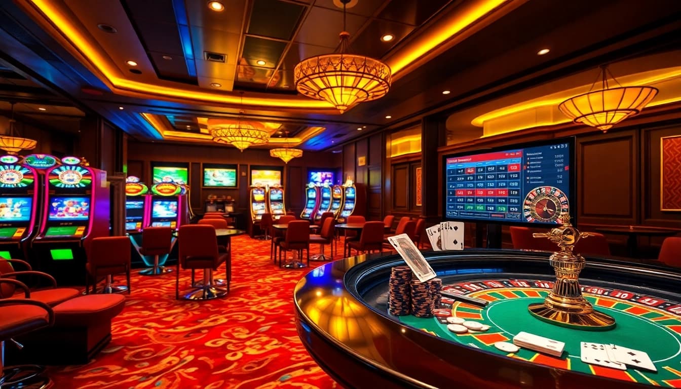 A thrilling moment at the qh88 casino with vibrant slot machines and poker action.