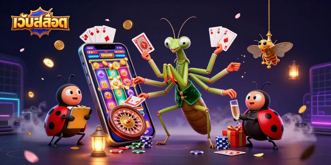 Engaging เว็บสล็อต scene featuring a giant praying mantis card sharp and ladybug pit boss amidst colorful slot games and dynamic casino elements.