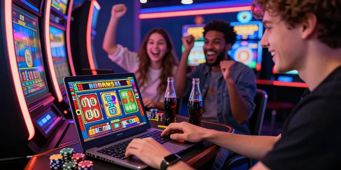 Exciting moment playing bonus buy slots at an online casino with friends, vibrant graphics on screen and lively atmosphere.