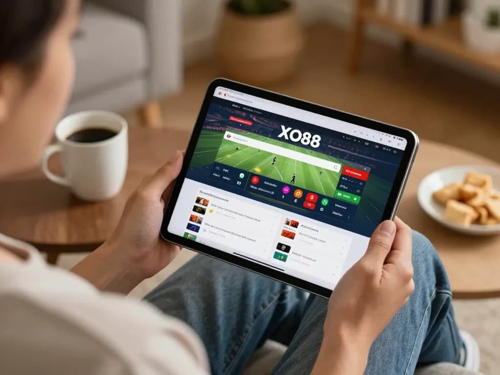 Engaging in sports betting on xo88 with a tablet in a cozy home setting