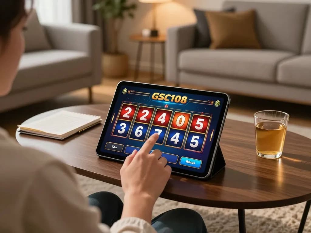 Pemain berinteraksi dengan permainan slot Gsc108 di tablet, pengaturan rumah modern yang nyaman.