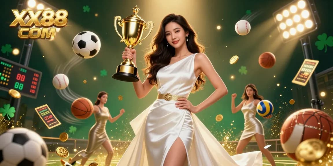 Bet on winning moments with XX88 COM's golden trophy and stunning sports elements in a vibrant casino scene.