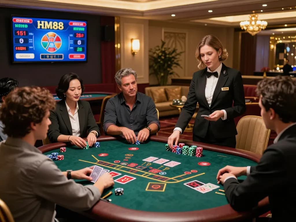Exciting live casino gaming scene at hm88 com with players and dealers showcasing a vibrant gambling atmosphere.