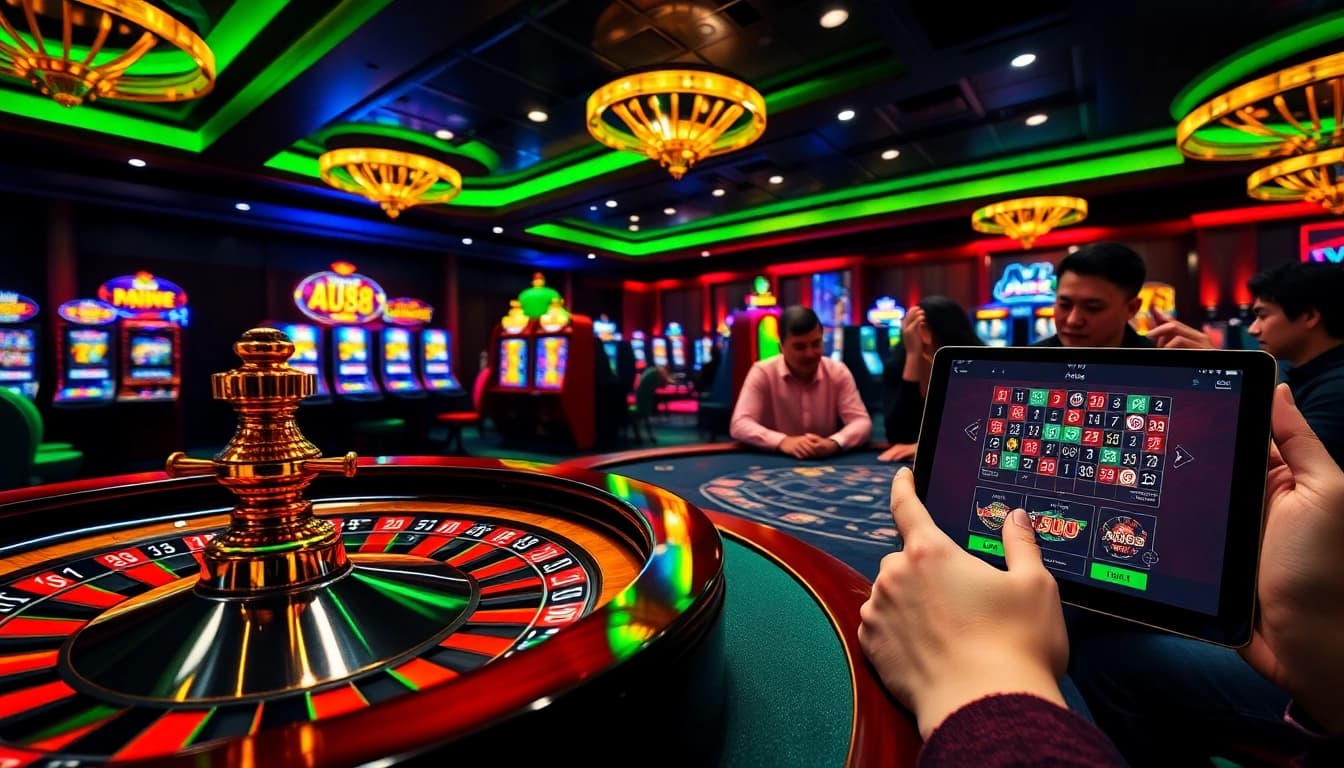 Experience the excitement at AU88 casino with a vibrant scene of roulette and poker.