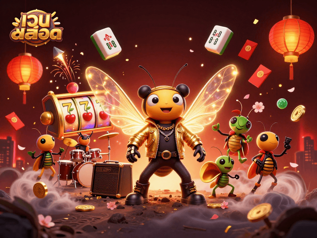 Spin to win with เว็บสล็อต: A vibrant 3D scene featuring a rock star cicada and casino symbols.