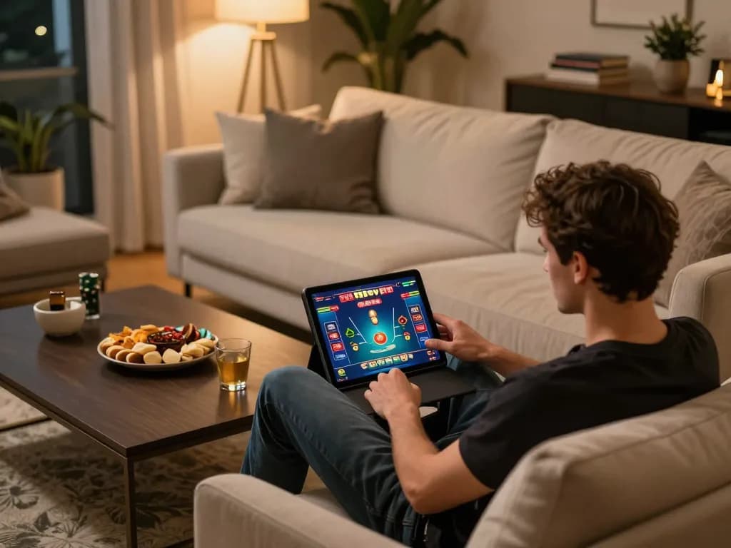 Player using 88vv online casino app on tablet with snacks, illustrating responsible gambling