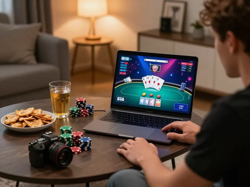 Player engaged in an intense online poker game at home with tt88 interface visible, highlighting strategic gameplay.