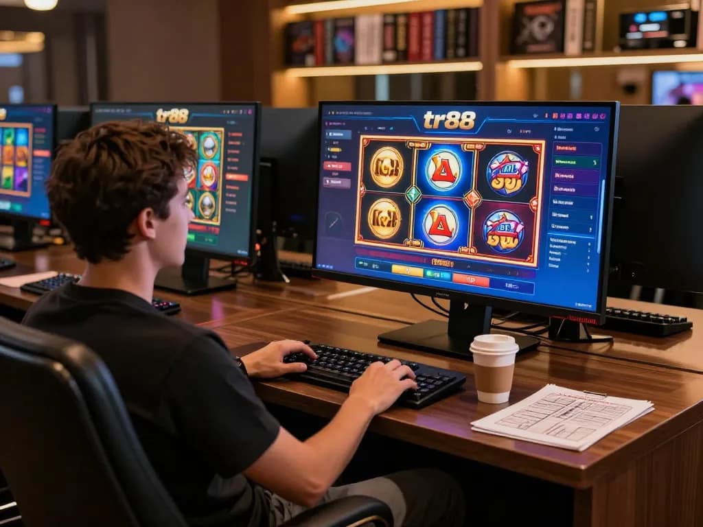 Player enjoying tr88 slot games on sleek monitor with strategy notes at cozy gaming setup