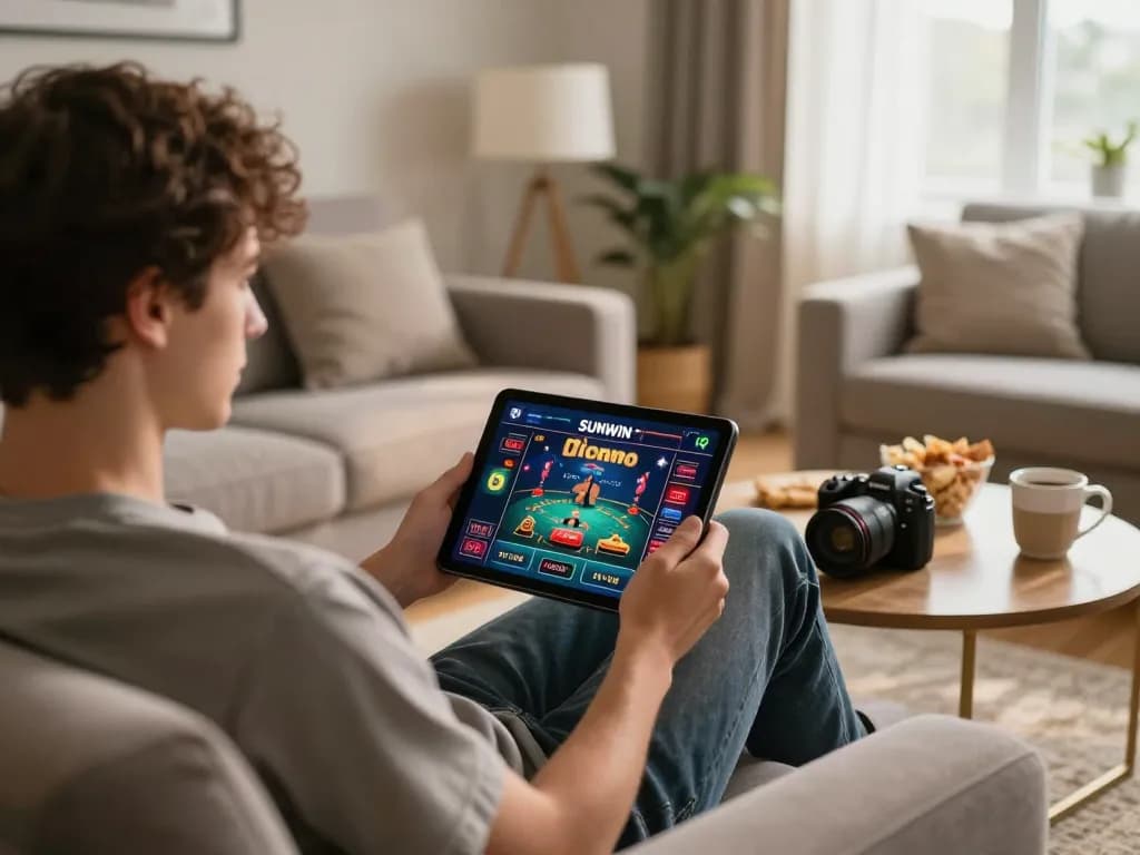 Person enjoying online gaming on SUNWIN platform from a cozy home setting, tablet displaying live casino.