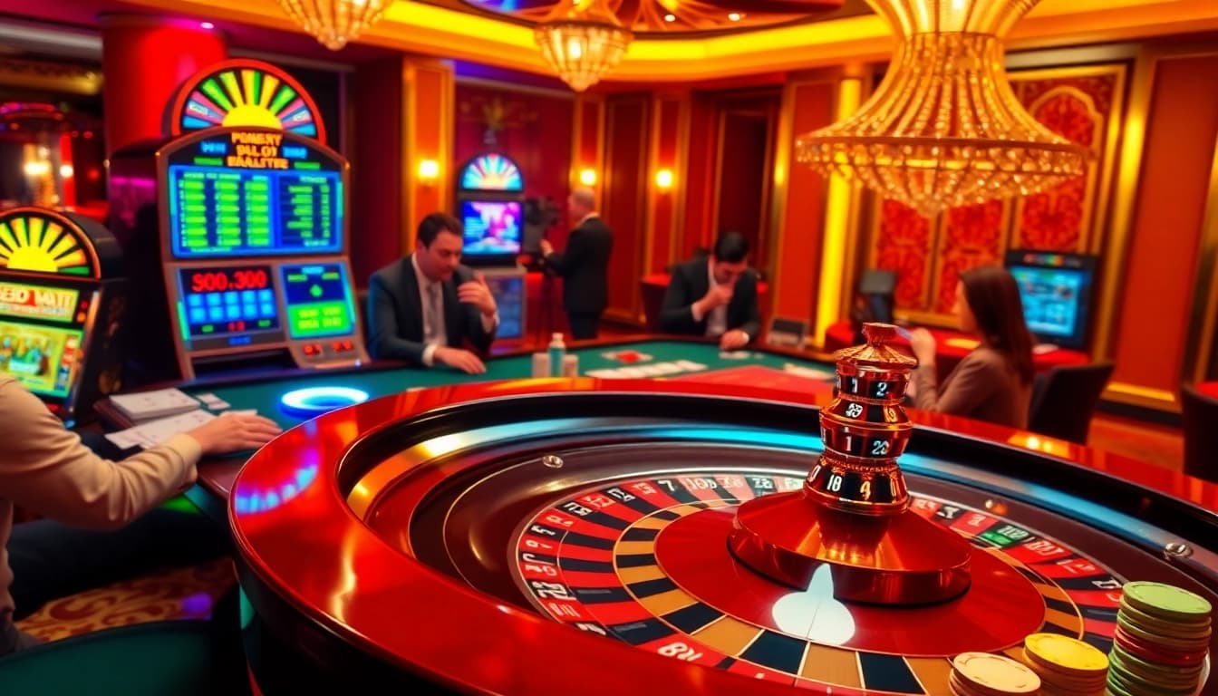 Excited gamblers enjoy a thrilling lego138 casino experience at a vibrant roulette table with bright lights.