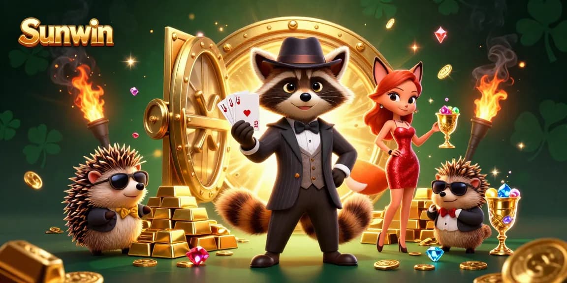 Experience thrilling gameplay at Sunwin with a raccoon and fox in a dazzling casino scene.