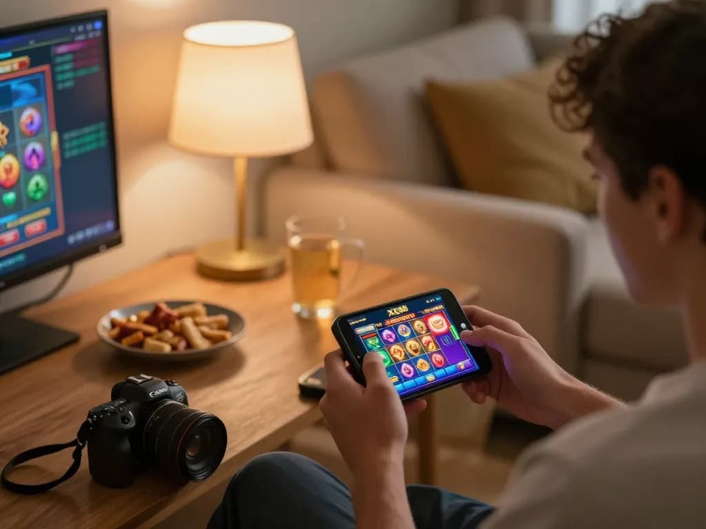 Player enjoying XX88 slot games on mobile app in a cozy home setup, capturing the excitement of online gaming.
