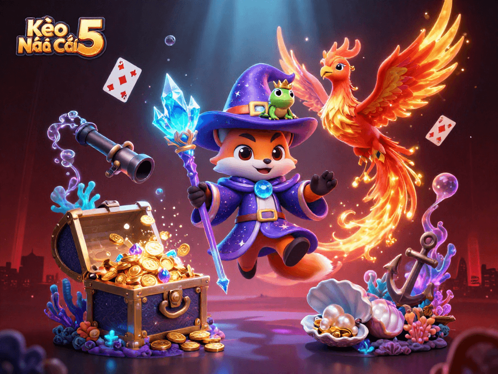 Kèo Nhà Cái 5 brings a magical casino experience with a wizard fox and phoenix amidst vibrant gaming elements.