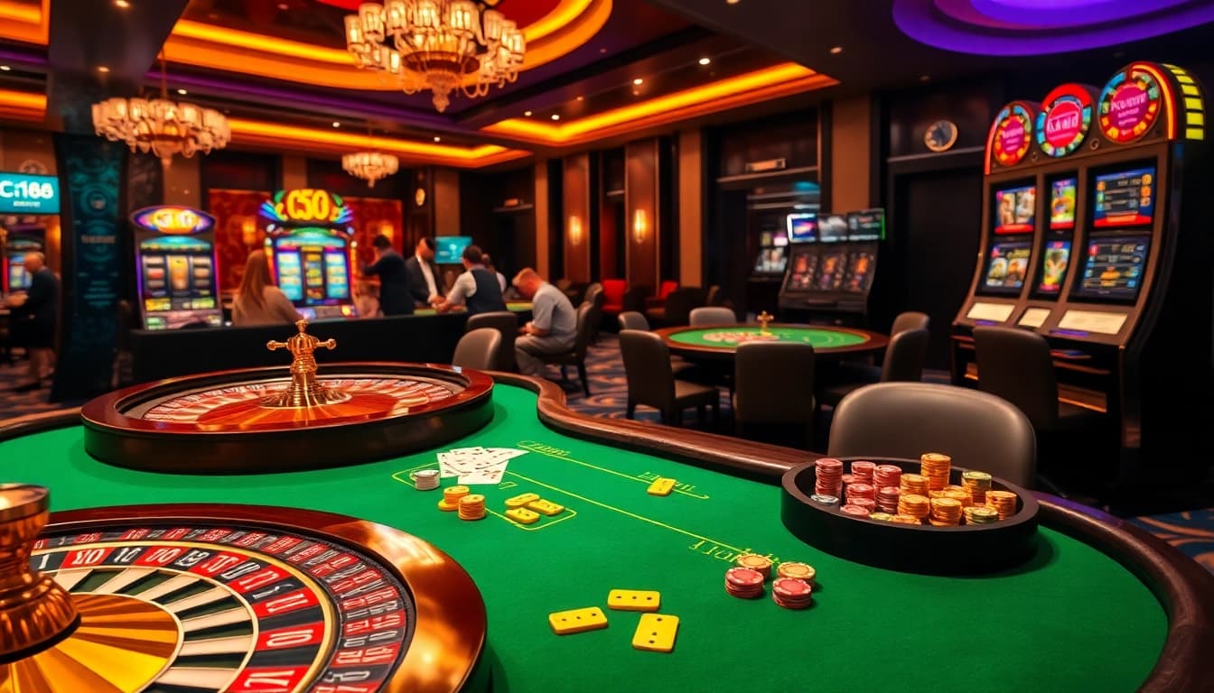 C168 online casino experience featuring engaging roulette table and vibrant slot machines.