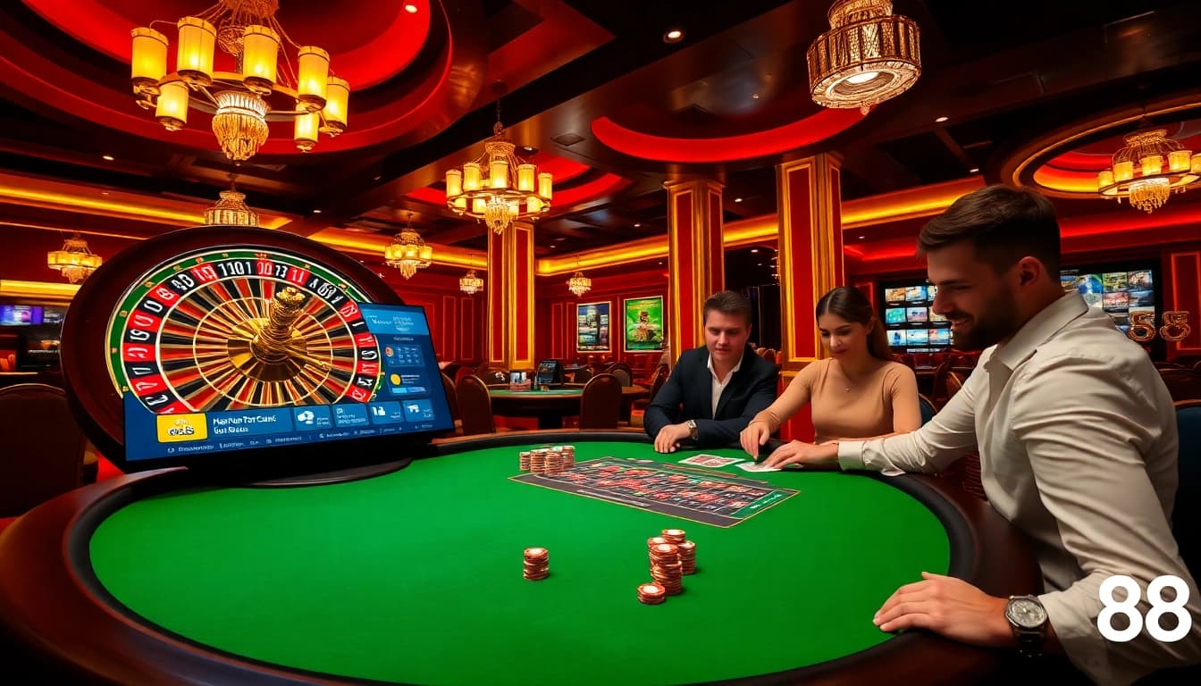 Players strategizing at a luxurious Go88 casino table, showcasing excitement and high stakes.