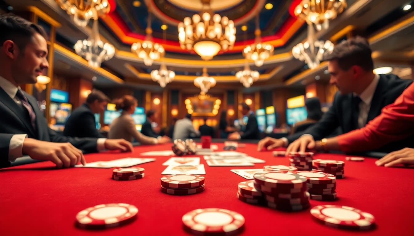 优塔赌场中的激动人心的扑克比赛，玩家正专注于游戏。