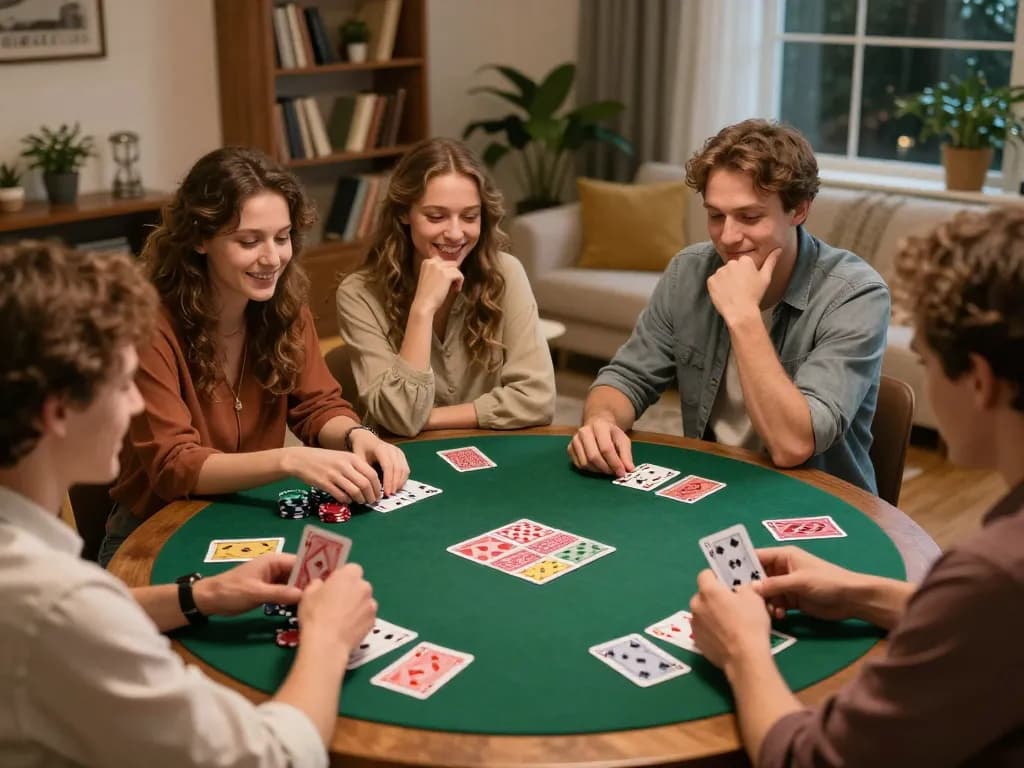 Friends enjoy a lively poker game night at home, fostering responsible gaming with 777VIP.